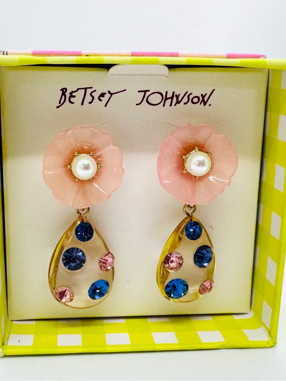 Betsey Johnson Pink Flower Drop Earrings with Blue & Pink Crystals